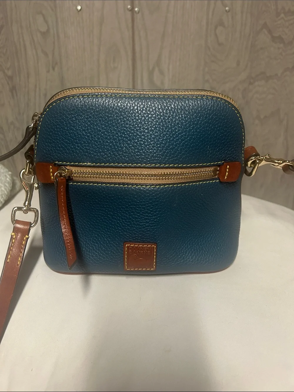 DOONEY AND BOURKE Teal Pebbled Leather Crossbody Bag with Tan Trim
